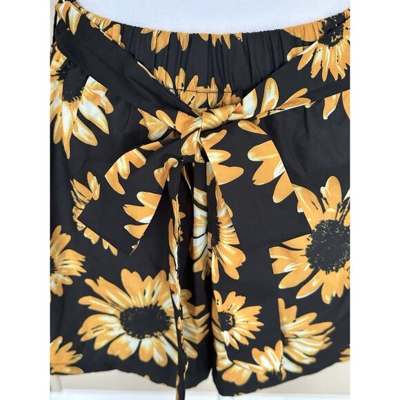 Shein Sunflower Shorts Black Gold Daisy Elastic Waist Belted Tie Front JR SZ XS - Picture 4 of 8